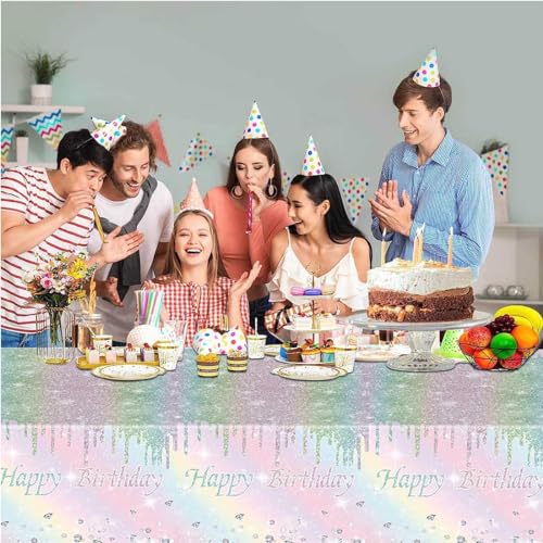 Kesfey 3 Packs Rainbow Birthday Plastic Tablecloths 54×108 Inch Silver Rainbow Tie Dye Party Table Cloth Disposable Waterproof Pastel Silver Sprinkle Glitter Table Cover for Birthdays Party - color: Rainbow Birthday