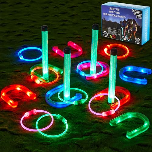 Liliful 20 Pcs Outdoor Ring Toss Game Ring Toss Glow in Dark Games with LED Yard Game Outdoor Games for Family Adults Lawn Backyard Camping Glow Party