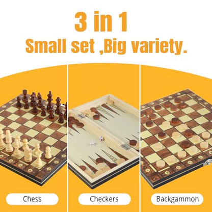 3-in-1 Chess Set Include Chess Checkers Backgammon 11 inch Wooden Board Game Set with Foldable Portable Case for Adults Travel Outdoor