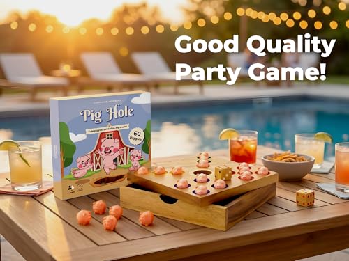 Row & Round Wooden Pig Hole Boardgame – Classic Wood Game for Party Gathering Tabletop Dice Games with Solid Board with PLA Satin 60 Piggies for Table or Outdoor & Indoor 7.28x7.28x1.57 Inch