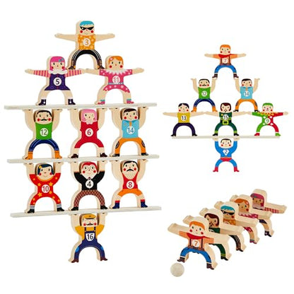 HELLO PAPAYA Wooden Stacking Toys 16Pcs Balancing Building Blocks Game,Circus Hercules Acrobatic Troupe Interlock Toy,for 3 4 5 6 Years Old Kids Adults Toddler Puzzle Toys