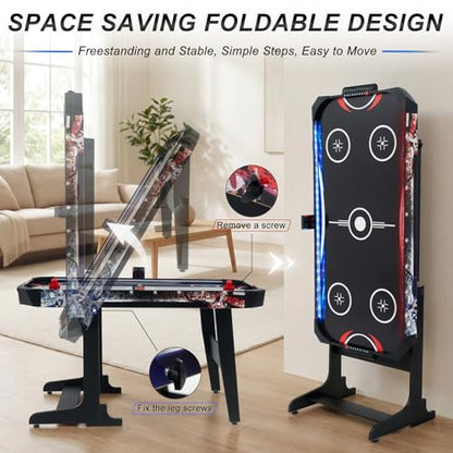 RAYKEEP 57 Inch Foldable Air Hockey Table with LED Lights, Indoor Arcade Game Table w/ 2 Pushers, 2 Pucks, Powerful 12V Motor for Kids & Adults, Home Game Room Office