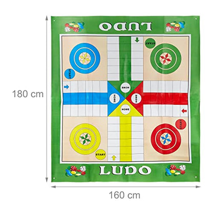 Relaxdays Ludo Mat, XXL, Large Play Mat Including 16 Pawns, 2 Dice, 4 Pegs, Garden, 160 x 180 cm, Coloured