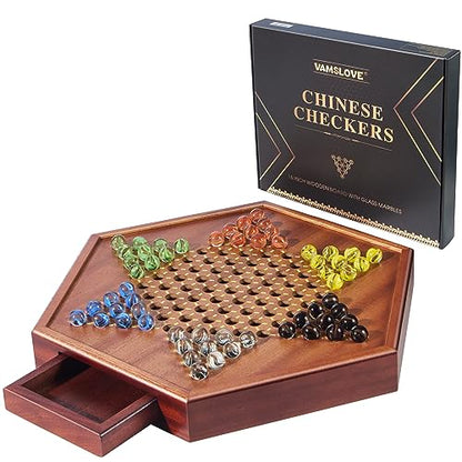 VAMSLOVE Chinese Checkers 15" Large Upgraded Version Wooden Game Board, 16mm 60+12 Colorful Glass Marbles, Easy Grasping for Adults and Kids, w/Storage Drawer, Fun for Family Gathering