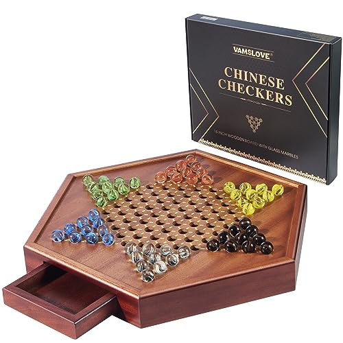 VAMSLOVE Chinese Checkers 15" Large Upgraded Version Wooden Game Board, 16mm 60+12 Colorful Glass Marbles, Easy Grasping for Adults and Kids, w/Storage Drawer, Fun for Family Gathering