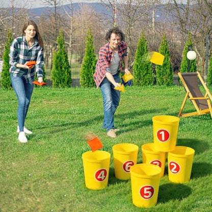 15 Pcs Bean Bag Toss Buckets Games Knockdown Can Throwing Game Sets, 6 Buckets 3 Bean Bag Number 1-6 Stickers for Outdoor, Family Gatherings, Birthdays, Indoor and Outdoor Activities
