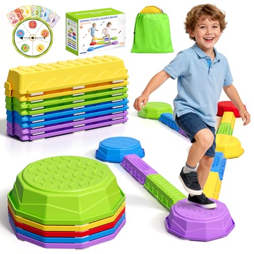 HYES Balance Beams Stepping Stones for Kids, Obstacle Courses Sensory Toys for Toddlers, Non-slip Jumping Step Stones Balance Beam Indoor & Outdoor Play Games Birthday Gifts for Boys Girls 3-5 - style: 5 Pads & 8 Beams