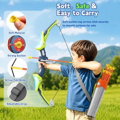 2 Pack Kids Bow and Arrow Set, LED Light Up Archery Set Toy for Kids with 2 Targets, 10 Suction Cup Arrows, Backyard Games, Indoor Outdoor Toys, 5 6 7 8 9 10 Year Old Boy Girl Christmas Birthday Gifts