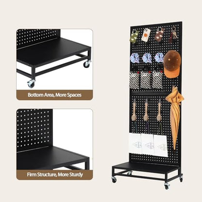 Eastern Tree Metal Pegboard Display Stand 2'x 5'with Base Plate, Pegboard Panels Display with Wheels, Peg Board Display Rack, Standing Pegboard Display with 30 Hooks - Black - color: Black