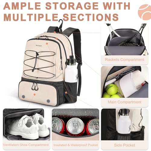 Arcoyard Tennis Bag Holds 2 Rackets, Professional Tennis Bags for Women, Tennis Backpack with Ventilated Shoe Compartment - color: Beige