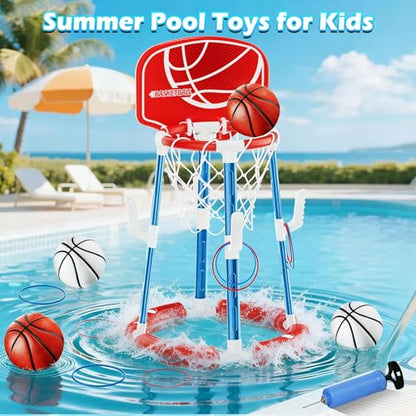 Pool Basketball Hoop with Backboard, Floating Pool Toys for 3-12 Years Old Kids Ring Game with 4 Balls 8 Rings & Pump Outdoor Swimming Pool Basketball Games Water Play Toy Family Party for Kids Adults - style: Red with Backboard