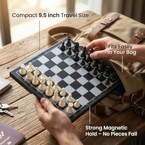 Magnetic Chess Set, 9.5” Foldable Board with Storage, Staunton Pieces, 2 Extra Queens, Travel Chess Game for Kids and Adults