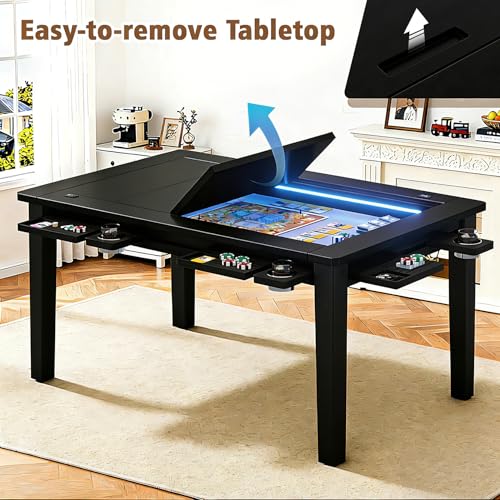 Haddockway Solid Wood Board Game Table with Colorful Led Lights, Dining/Gaming Table for 4-6 Players with Charge Station,Removable Top, Play Mat, 6 Cup Holders & Trays (Black) - color: Solid Wood Black With Led Light