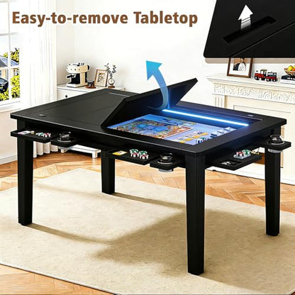 Haddockway Solid Wood Board Game Table with Colorful Led Lights, Dining/Gaming Table for 4-6 Players with Charge Station,Removable Top, Play Mat, 6 Cup Holders & Trays (Black) - color: Solid Wood Black With Led Light