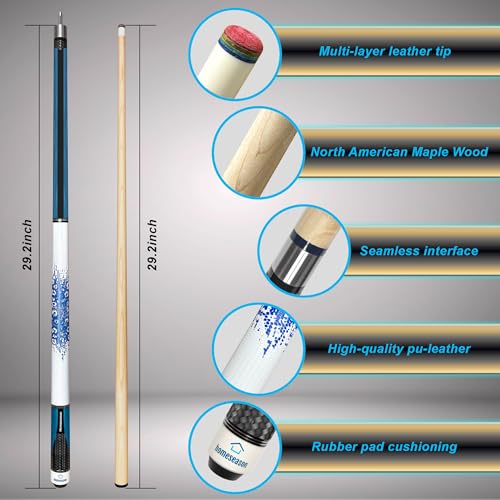 HomeSeason 58in 2-Piece Pool Cue, 18/19/20/21oz Professional Maple Billiards Stick 3D Printed Lizard Grip with Case, 12.5mm Tip Stainless Steel Quick Screw - color: 20oz(Blue)