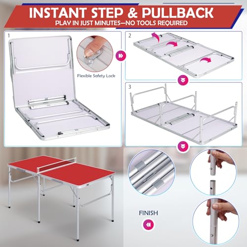 Portable Ping Pong Table, Foldable Indoor Table Tennis Game with 2 Paddles 2 Balls and Net, Quick Assembly Folding Table for Adults and Teens Home Game Room - color: 5ft-red