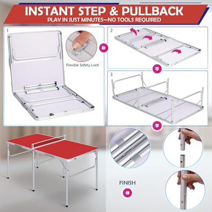 Portable Ping Pong Table, Foldable Indoor Table Tennis Game with 2 Paddles 2 Balls and Net, Quick Assembly Folding Table for Adults and Teens Home Game Room - color: 5ft-red