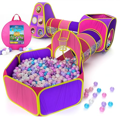 Playz 5pc Kids' Play Tents & Tunnels - Ball Pit for Toddlers, Basketball Hoop, Crawling Tubes, Pop-Up Playhouses, Baby Obstacle Course for Indoor or Outdoor Use - color: Pink, Purple and Yellow