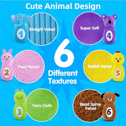 teytoy Baby Bowling Set for Toddlers 1-3, Bowling Games for Kids Indoor with 6 Pins and Storage Bag, Animal Themed Sensory Toys with Rattle & Number, Easter Christmas Birthday Gift