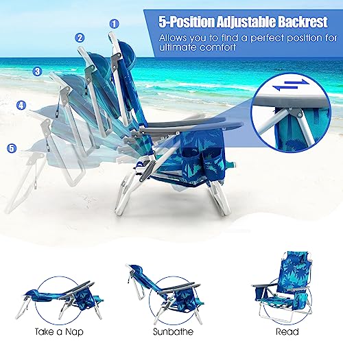 Tangkula Backpack Beach Chair with Table, 5-Position Lay Flat Beach Chairs with Cooler Bag, 2 Cup Holders, Towel Bar, Lightweight Low Folding Beach Chair with Backpack Straps - color: Light Blue, style: 2 Pack with Table