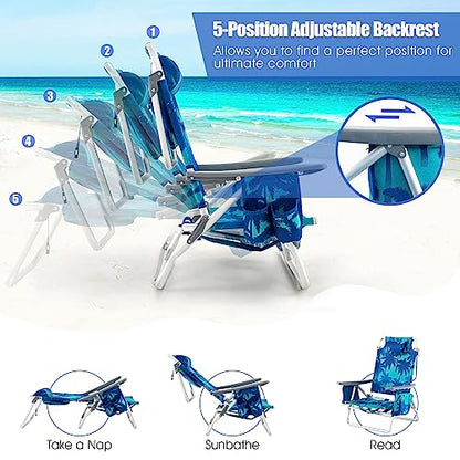 Tangkula Backpack Beach Chair with Table, 5-Position Lay Flat Beach Chairs with Cooler Bag, 2 Cup Holders, Towel Bar, Lightweight Low Folding Beach Chair with Backpack Straps - color: Light Blue, style: 2 Pack with Table