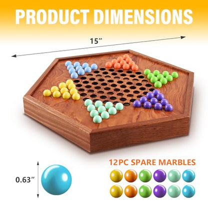 Large Chinese Checkers Upgraded Version Wooden Game Board, 16mm 60+12 Colorful Acrylic Marbles, Easy Grasping for Adults and Kids, with Storage Drawer, Fun for Family Gathering (15in.)