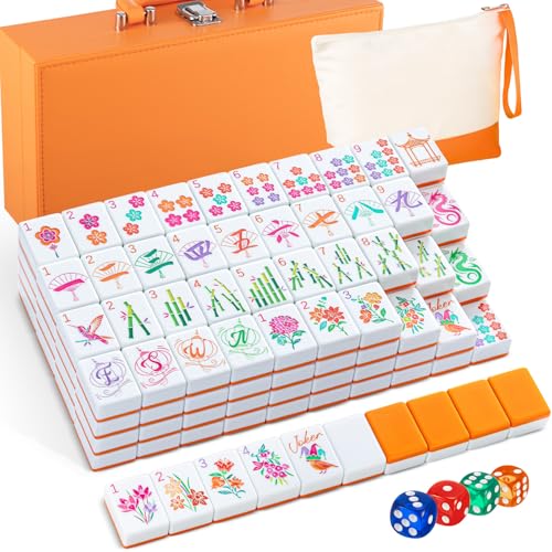 Soulchen 1.2 Inch Orange American Mahjong Set 168 Blossom Numbered Tiles, Tiles Bag and Portable Travel Case Classic Complete Mahjong Set for Adult Collection Gift