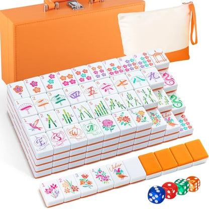 Soulchen 1.2 Inch Orange American Mahjong Set 168 Blossom Numbered Tiles, Tiles Bag and Portable Travel Case Classic Complete Mahjong Set for Adult Collection Gift