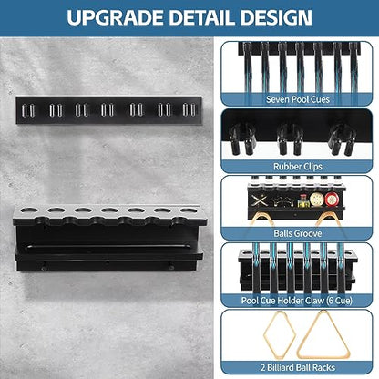 Pool Cue Holder Wall Mount for 7 Pool Sticks, Solid Wood Pool Cue Rack, Billiards Pool Cue Holder Claw Wall for Billiards Decor, Billiards Accessories, Pool Table Accessories Equipment, Black - style: WALL MOUNT