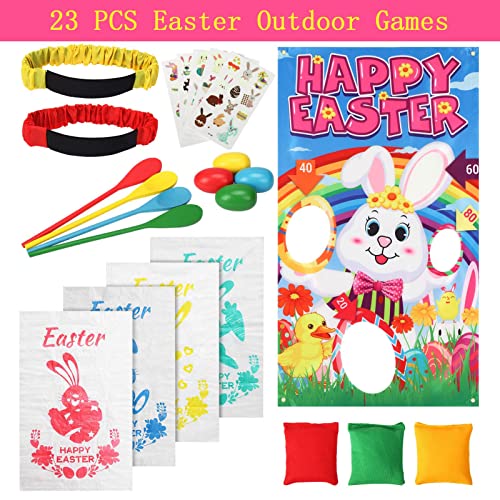23 Packs Easter Outdoor Party Games for Kids Potato Sack Race Jumping Bags with Legged Race Bands, Egg and Spoon Race，Toss Game and Stickers, Outdoor Games for Easter Eggs Hunt,Easter Party Supplies