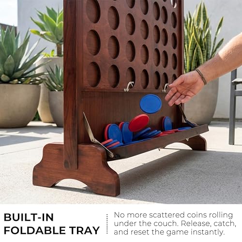 Giant Wooden 4 in A Row Game with Foldable Tray, Indoor Outdoor Games, Includes Carry Case,42 Chips and 2 Detachable Legs, 2 Style: Wall-Mount or Ground Play
