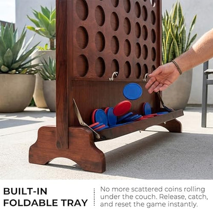 Giant Wooden 4 in A Row Game with Foldable Tray, Indoor Outdoor Games, Includes Carry Case,42 Chips and 2 Detachable Legs, 2 Style: Wall-Mount or Ground Play