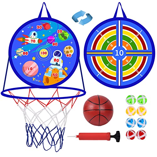 2 in 1 Basketball Hoop and Dart Board, 14" Dart Board for Kids, Basketball Hoop for Kids Toddlers, Sports & Outdoor Play, Birthday Gift Toys for 3 4 5 6 7 8 9 10 Year Old Boys Girls Kids, Party Favors - style: 2 in 1 Blue Outer Space Theme