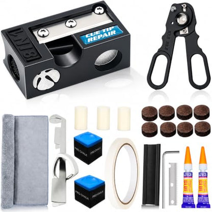 Pool Cue Tips Replacement Kit, 13mm Pool Cue Tip Repair Tool Kit, Billiards Cue Replacement Tip Kit with Cue Cloth, Pool Chalk, Billiard Pool Accessories