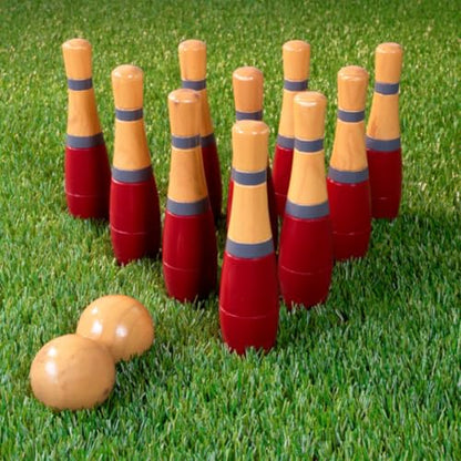 Wooden Lawn Bowling - Adults and Kids Bowling Set with 10 Pins, 2 Balls, Carry Bag - Indoor and Outdoor Games - Skittle Yard Games (Red) - color: Red & Gray