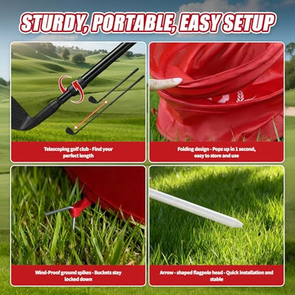 Deluxe Backyard Golf Game, 9 Hole Portable Golf Yard Game Set with Clubs Buckets Balls, Outdoor Golf Course Chipping Practice for Lawn, Park, Beach, Camping - Fun Golf Bundle Gift for Adults & Family