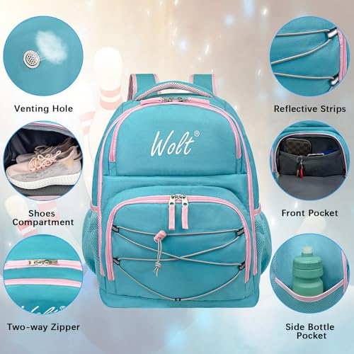 WOLT Bowling Ball Bag,2 Ball Bowling Backpack with Protective Foam Padded & Shoe Compartment Fits Up to Mens Size 16 - color: Mint green