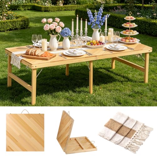 Folding Picnic Table, 5 Ft Solid Wood Low Floor Portable Picnic Table with Boho Table Runner for Indoor & Outdoor, Patio, Beach, Kids, Party, Garden, Camping, Wedding, Travel