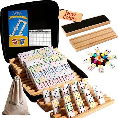 Doreimi Upgraded Mexican Train Dominoes Set with 8 Wooden Holders, Double 12 Dominos Set for Kids, Adults Travel Domino Train Set with 91 Tiles and Carry Case, Classic Board Games for Family Night - style: Dot+8 Racks+Wooden Hub