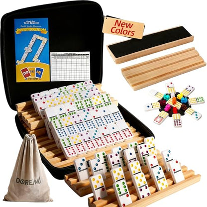 Doreimi Upgraded Mexican Train Dominoes Set with 8 Wooden Holders, Double 12 Dominos Set for Kids, Adults Travel Domino Train Set with 91 Tiles and Carry Case, Classic Board Games for Family Night - style: Dot+8 Racks+Wooden Hub