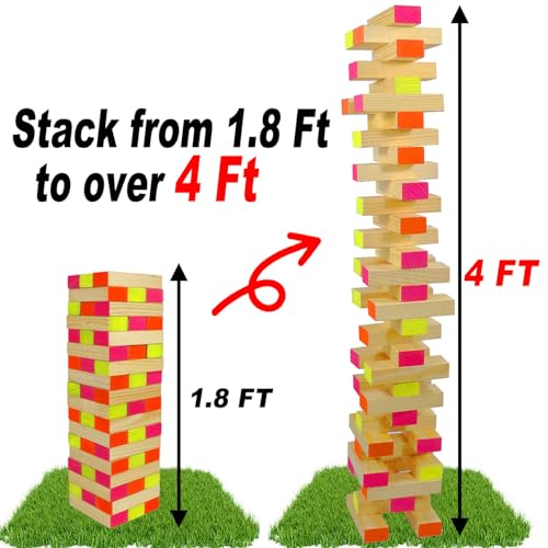 Ahuimeius 54 Piece Giant Tumble Tower Outdoor Games, Glow in the Blacklight Tumble Tower Yard Games,Outdoor Board Game for Adults for Family Game Night (Giant)