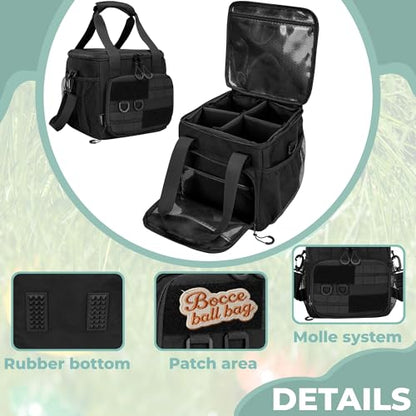 Tactical Bocce Ball Set Carry Bag Holds up to 8 Balls with Molle System, Portable Bocce Ball Storage Bag with Multiple Pockets and Detachable Shoulder Strap for Easy Carrying, Bag Only, Black