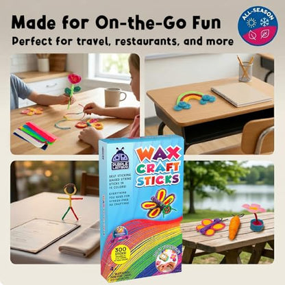 PURPLE LADYBUG 300 PCS Bendable Wax Craft Sticks in 2 Lengths - 6" and 12" Strips in 15 Colors Each, Mess-Free Road Trip Activity for Kids, Travel Toys for Car & Airplane for Kids Ages 4+