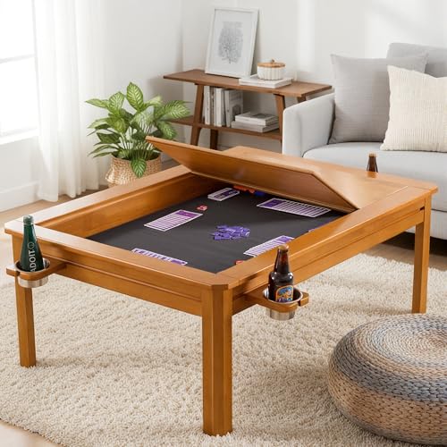 Solid Wood Board Game Coffee Table with Removable Top, 3-in-1 Gaming and Dining Table Includes Play Mat & Detachable Cup Holders, 48" L x 33" W - color: Oak01
