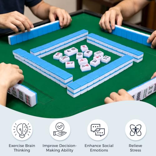Pycoal Traditional Chinese Mahjong Tile Set, 1.4'' Melamine Mahjong Tiles Premium 146PCS Mahjong Set with Portable Carrying Case, Instruction Manual, Dice Set, Mah jongg Game Set for Family, Gathering - color: Blue