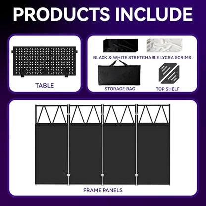Portable DJ Booth Stand, 40" x 20" x 45" Foldable DJ Table with 8-Piece Black & White Lycra Scrim Facade, 200lbs Capacity Metal Event Booth with Corner Shelves, Cable Ports & Carry Bag - size: 40x20 with Triangle