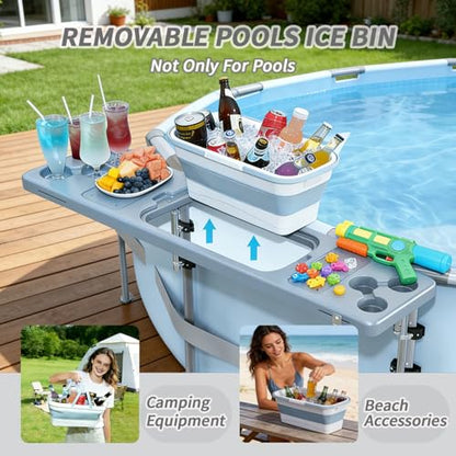 Pool Bar for Above Ground Pool - Poolside Bar with 6 Cup Holders & Ice Bin, 47.2"×11.8" Foldable Above Ground Pool Bar Table, Portable Swim Up Bar, Frame Above Ground Round Swimming Pools Accessories - color: Gray-blue Pool Bar
