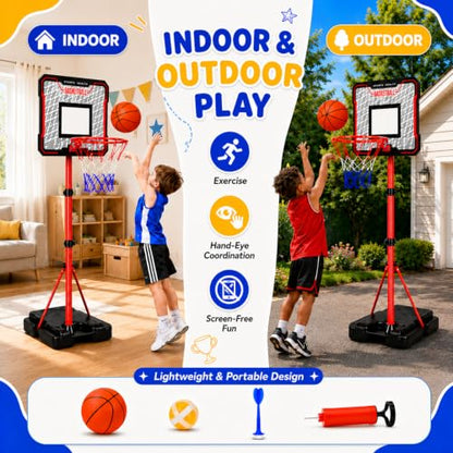 2-in-1 Kids Basketball Hoop with Flip Backboard & Space Target Game, Height Adjustable 3.5-6.2 FT for Ages 3-8, Indoor & Outdoor Play Set with Pump, Mini Basketballs, Sticky Target Balls & Soft Darts