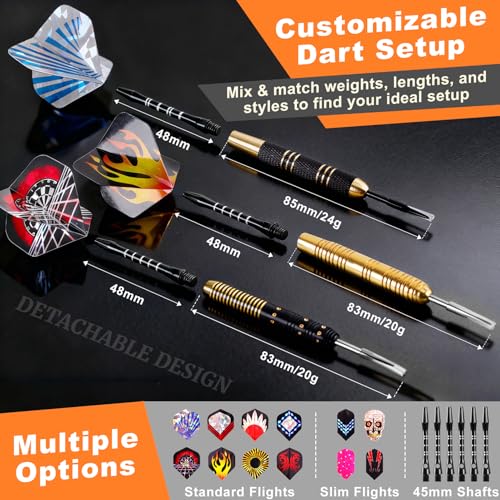 CHERAINTI Darts Metal Tip Set, Professional Steel Tip Darts, 20g 24g Pro Metal Tipped Dart Set for Dartboard with Brass Barrels, Aluminum Shafts, Extra Flights, Sharpener Tool Kit, and Carrying Case