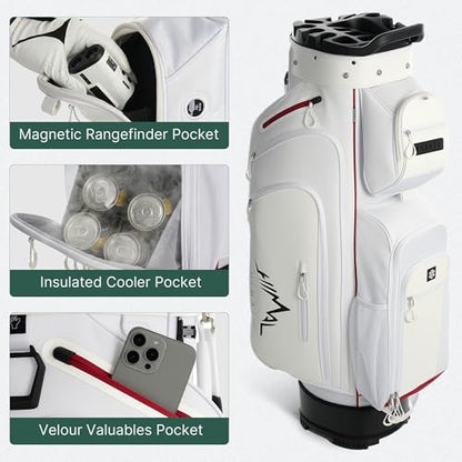 uniHimal T-Lock Golf Cart Bag with Quiet 14-Way Full-Length Divider Top | Golf Bag for Men with Magnetic Pocket, Cooler Pocket, Handle and Rain Cover - color: Pearl White